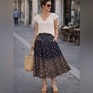 Gunne Sax inspired Vintage handmade Navy and Pink Floral Midi Skirt